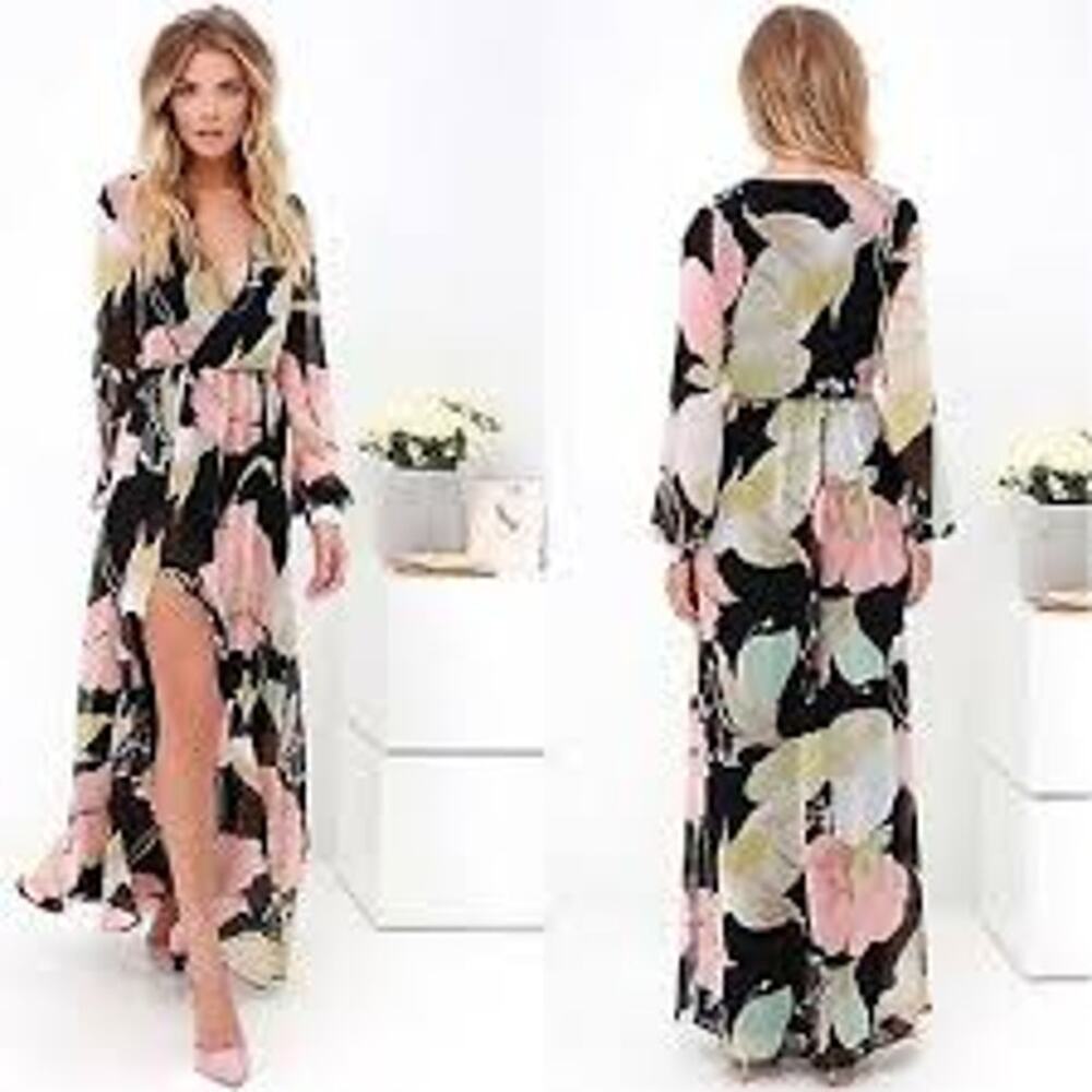 Lulu's Wondrous Water Lilies Black Floral Print Maxi Dress Women's Size Small